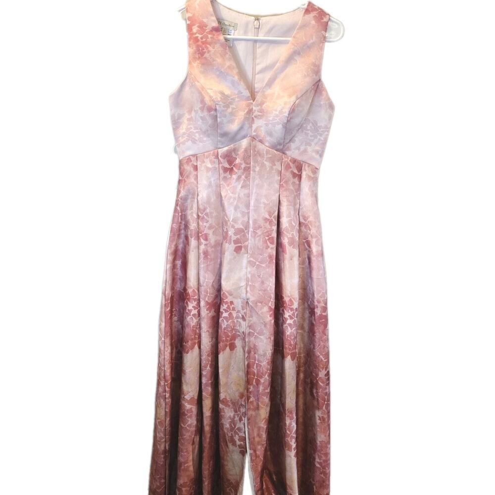 TS COUTURE Pink White Floral LONG Formal DRESS V Neck Lined High Front Slit Sz 4